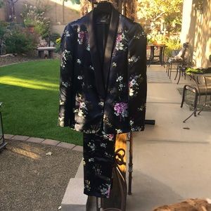 Tuxedo style pant set. Metallic flowers embroidered on black sateen.